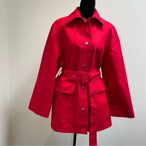 Zara Woman Red Raincoat Belted Trench Jacket Water Resistant S